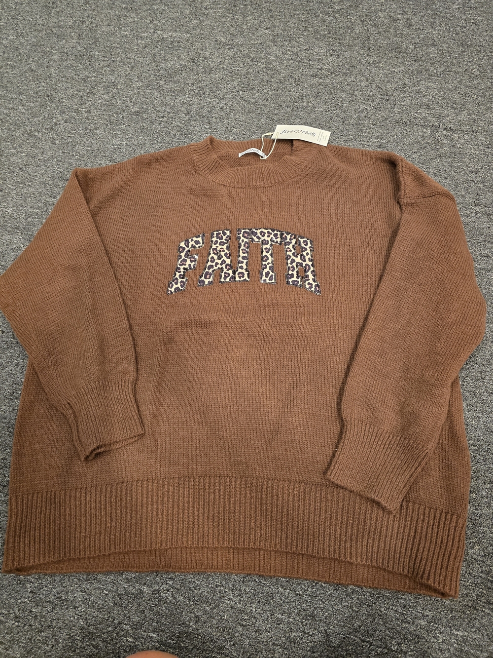 FAITH Brown Crewneck Sweater with Leopard Applique - Women's